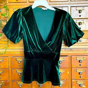 Emerald green velvet peplum faux wrap blouse M